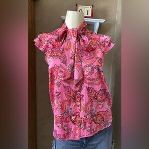 Joie Blouse Tie Neck Button Up Ruffled Cap Sleeves Pink Red Paisley XS/TP Satin
